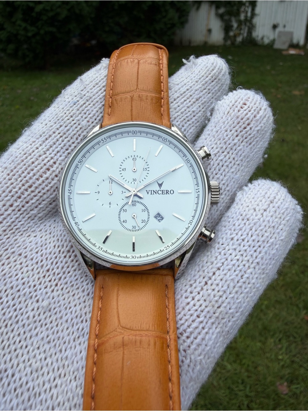 Vincero The Chrono S Men's Watch White Dial Italian Marble Back Leather Band